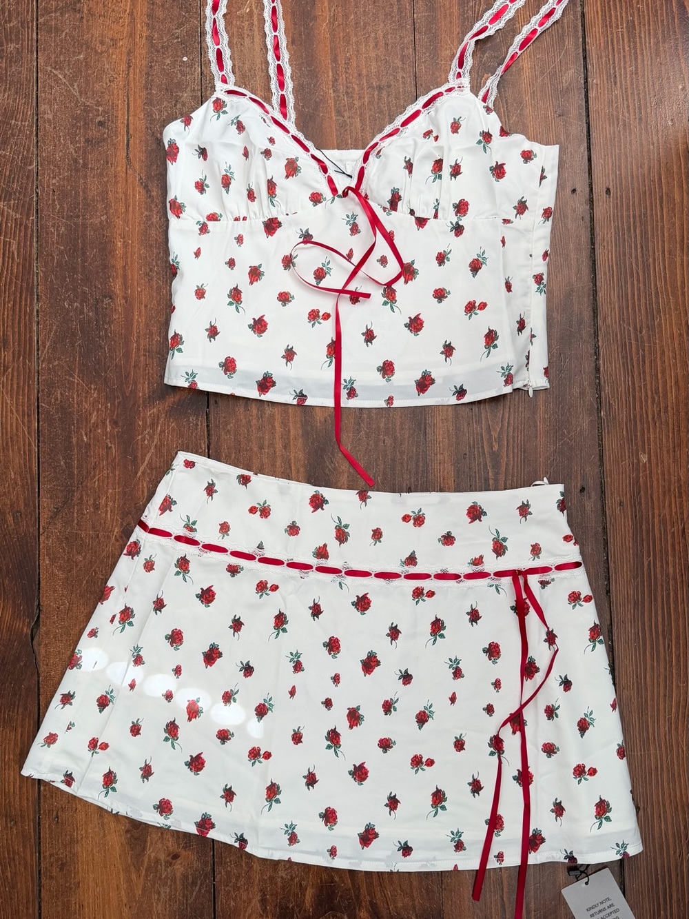 Floral Lace-Trim Cami & Skirt Pajama Set — White with Red Rose Print